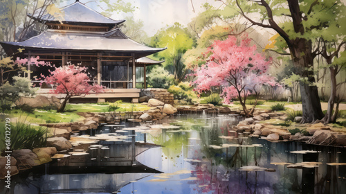 Serene Japanese Garden Watercolor Painting, Generative AI.