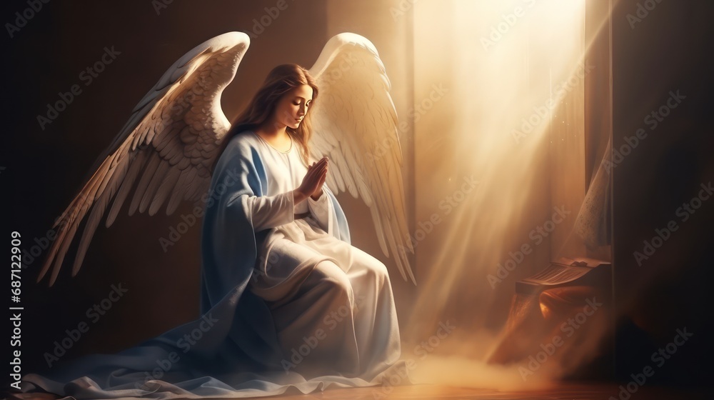 Fototapeta premium Woman with long hair on knees with stretched to holy hands receives annunciation of Blessed Virgin Mary. Annunciation of Blessed Virgin Mary gives strength to young woman kneels asking for help