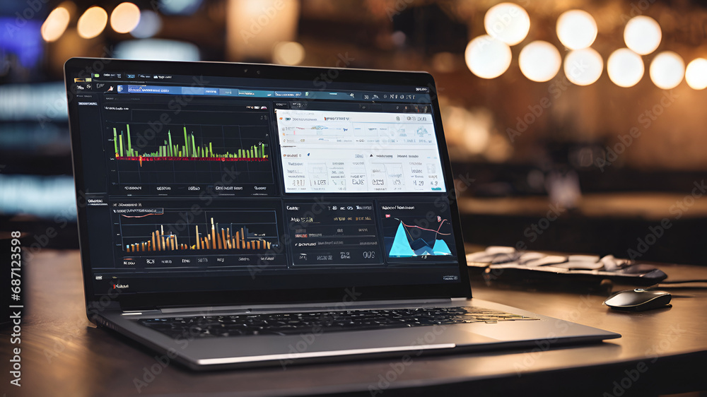 Analyst uses a laptop Showing business analytics dashboard with charts, metrics, and KPI for operations management.Data analysis.sales, marketing. Generative AI - obrazy, fototapety, plakaty 
