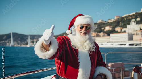 santa claus waving onboard of a super yacht