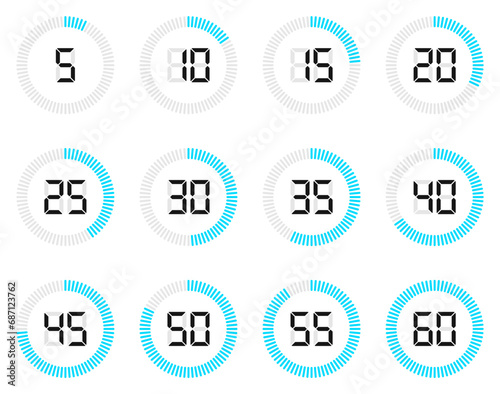 Timer icon set with digital numbers isolated on white background photo
