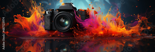 Kamera mit Holifarben Explosion als Produktfotografie im Querformat für Banner, ai generativ photo