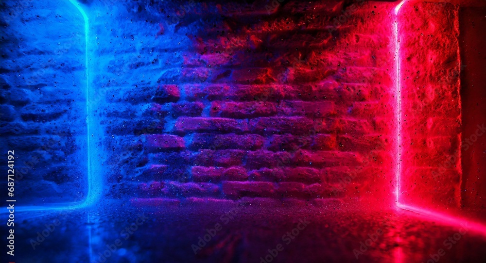 Neon light on brick walls that are not plastered background and texture. Lighting effect red and blue neon background - obrazy, fototapety, plakaty 