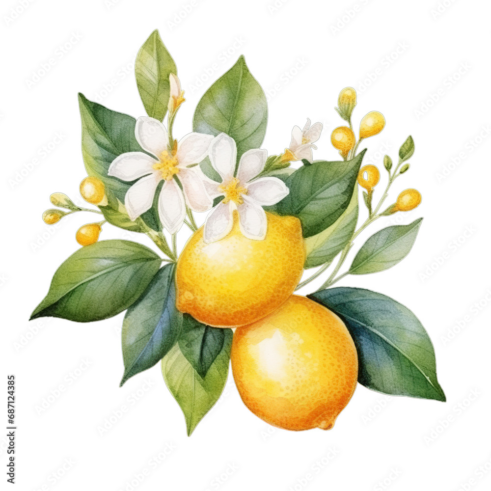 watercolor painting of a lemon tree branch with lemons, flowers, and leaves.