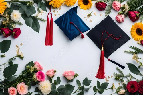 graduation cap with flowers on white backgroud