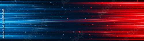 Movement of blue and red glowing lines with glitter effect on a dark background. High speed internet technology concept or fast wireless data transmission. modern internet network connection technolog