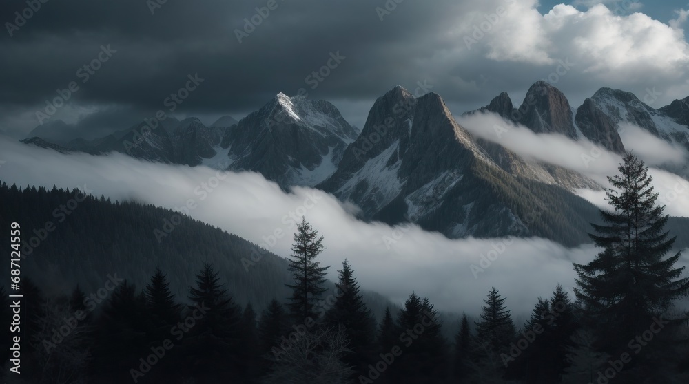 Forest, mountains, clouds, gray tones