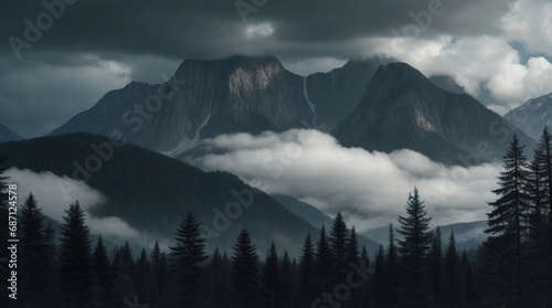 Forest, mountains, clouds, gray tones © Romaboy