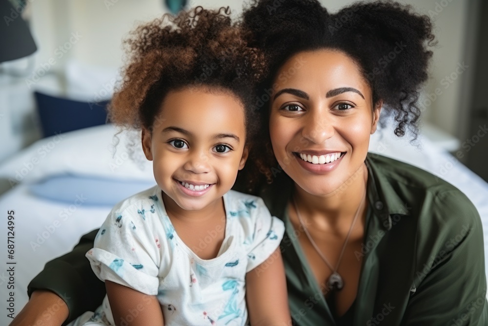 Female Medical Worker and Her Young Patient Both of African Descent Who Look at the Camera and Smile Female Medical Worker and Her Young Patient Both of African Descent Who Look at the Camera and Smile