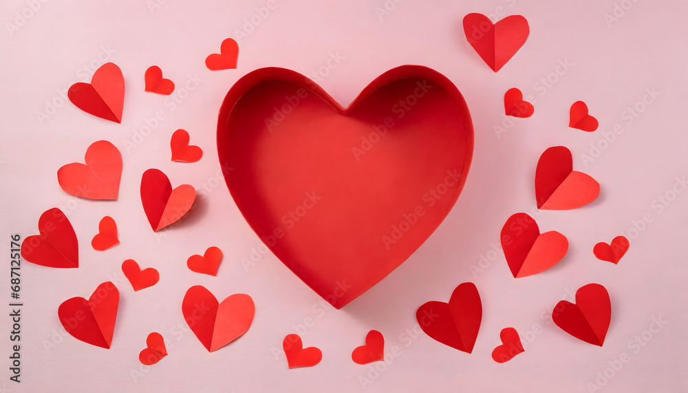 heart shaped paper box surrounded by red paper hearts on pastel pink background - love concept - valentines day heart shaped paper box surrounded by red paper hearts on pastel pink background - love concept - valentines day