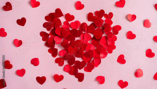 red paper hearts arranged in the shape of a heart on pastel pink background - love concept - valentines day