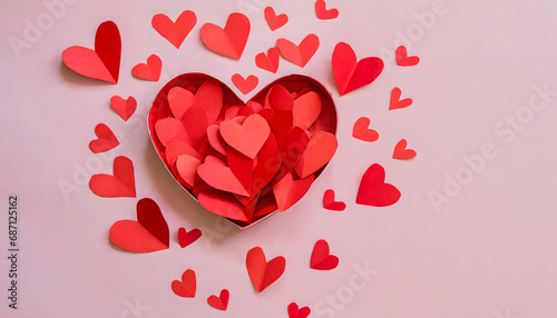 heart shaped paper box filled with and surrounded by red paper hearts on pastel pink background - love concept - valentines day