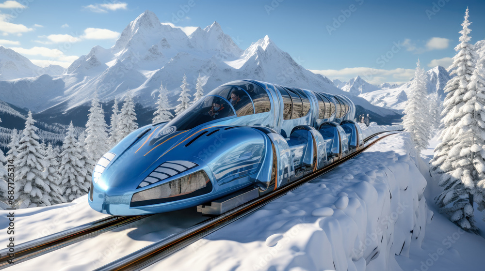 Concept of a Futuristic High-Speed Train Traveling over a Snow-Covered Landscape in the snow-covered Mountains in the Alps Brainstorming Background Cover Poster Digital Art Backdrop