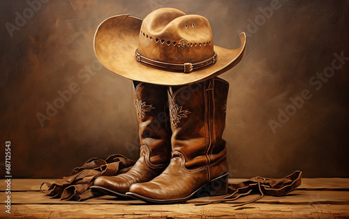 chapéu e botas de vaqueiro em fundo de vaqueiro do velho oeste , cultura cowtry  photo