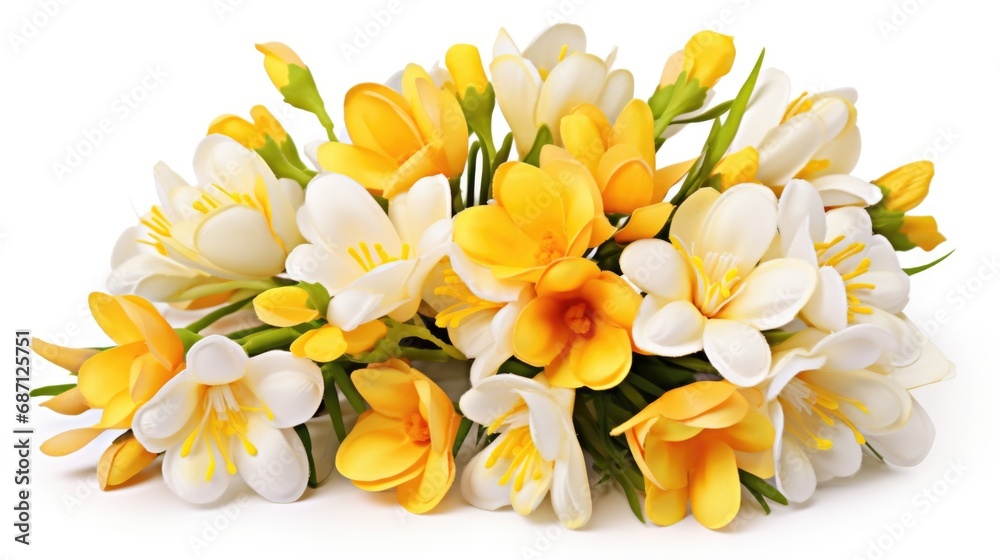 A bunch of yellow and white flowers on a white surface