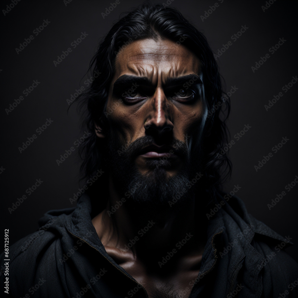 Portrait of the face of Jesus Christ in a dark background Portrait of the face of Jesus Christ in a dark background