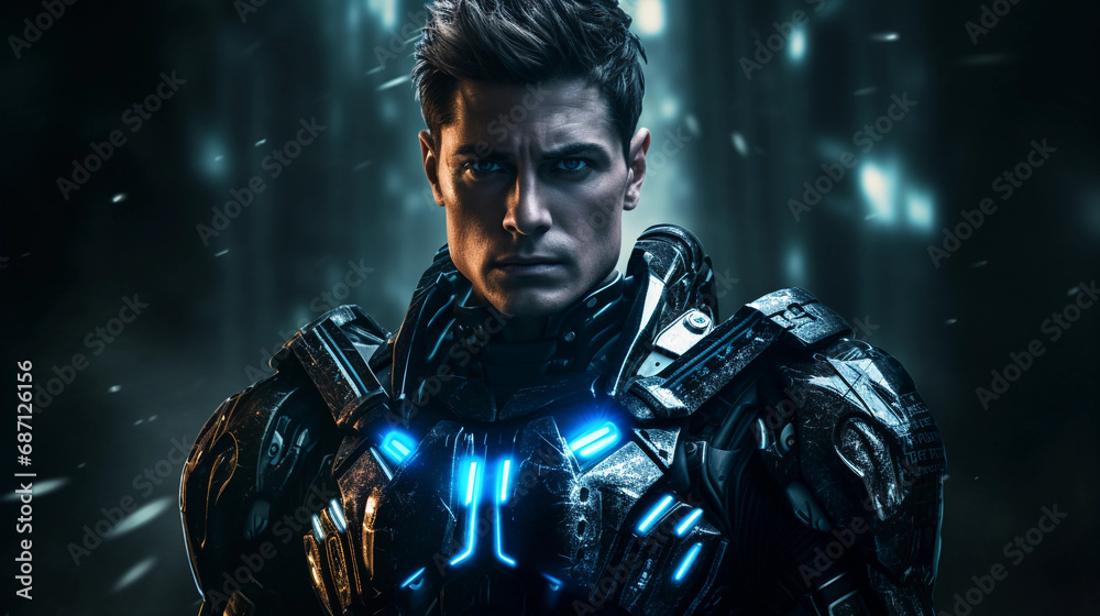 Sci-fi warrior portrait, armor with glowing elements, intense gaze, battle-scarred backdrop Sci-fi warrior portrait, armor with glowing elements, intense gaze, battle-scarred backdrop