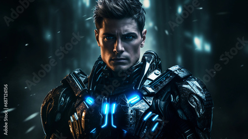 Sci-fi warrior portrait, armor with glowing elements, intense gaze, battle-scarred backdrop