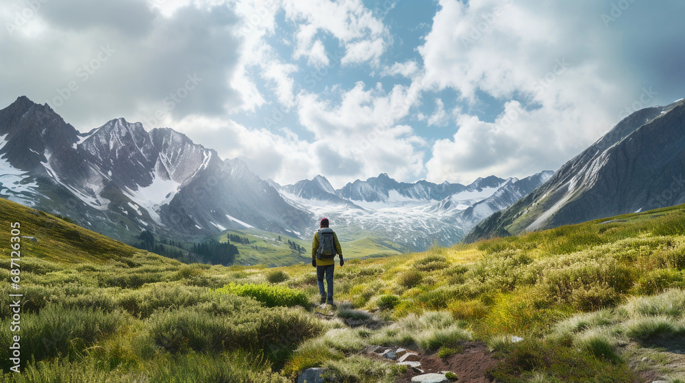 mountain range through seasons, a hiker in foreground adapting attire