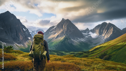 mountain range through seasons, a hiker in foreground adapting attire