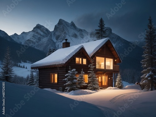 Cozy photo of a house in the mountains, winter, light from the windows