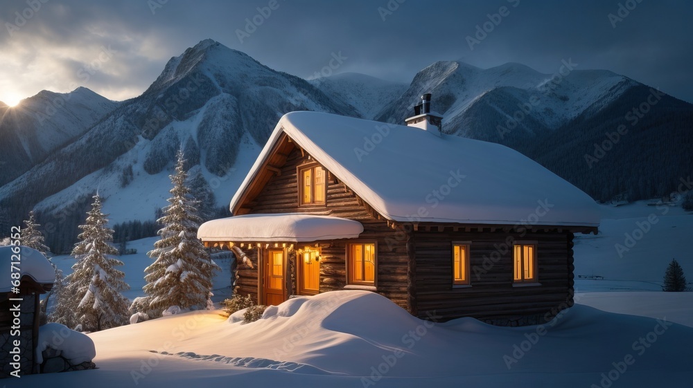 Cozy photo of a house in the mountains, winter, light from the windows