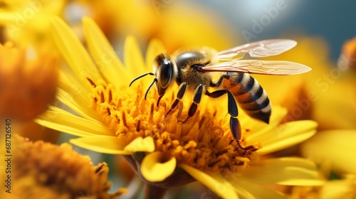 A close-up of a bee pollinating a vibrant wildflower, showcasing the delicate balance of nature's pollination process.