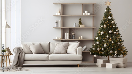Domestic and cozy christmas living room interior with corduroy sofa, white shelf, mock up poster frame, christmas tree, decoration, wreath, gifts and accessories. Home decor. Family time. Template. © Ziyan Yang