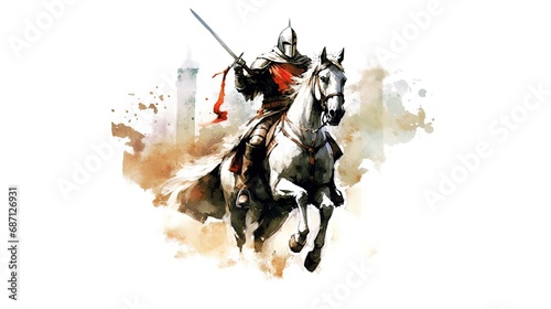 Knight with a weapon in his hand galloping into battle.