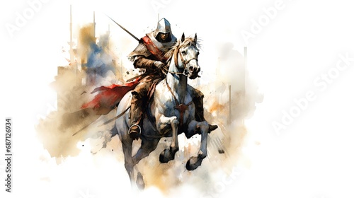 A Knight with a weapon in his hand on his horse heading into battle. photo