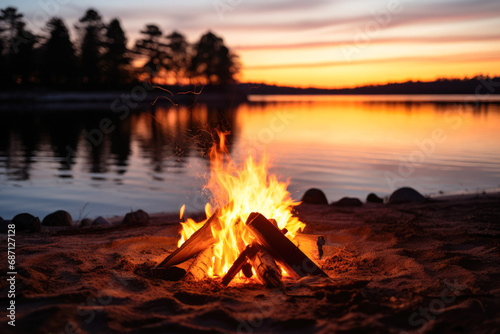 A campfire at a lake at sunset.