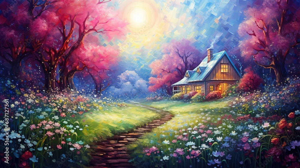 wooden cabin in pink cherry blossom forest in spring time, wildflower blossom field, Ai Generative  - obrazy, fototapety, plakaty 