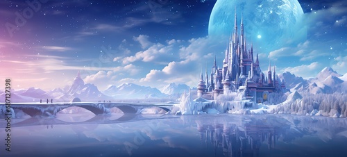 fairytale castle in winter snow forest, whimsical fairytale atmosphere, artistic cartoon scenery backdrop, Ai Generative  photo