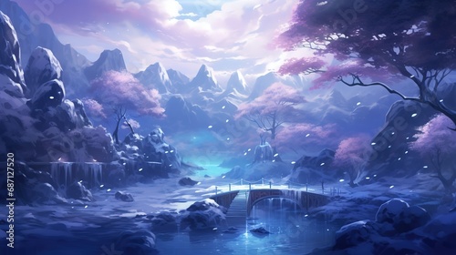  tranquil winter forest trail with river flow , anime illustration , Ai Generative
