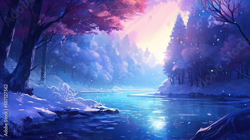  tranquil winter forest trail with river flow , anime illustration , Ai Generative photo