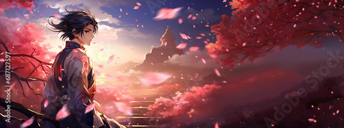 handsome man standing over hill with cloudscape and castle as background, cherry blossom wind blowing petal, anime illustration, Ai Generative  photo