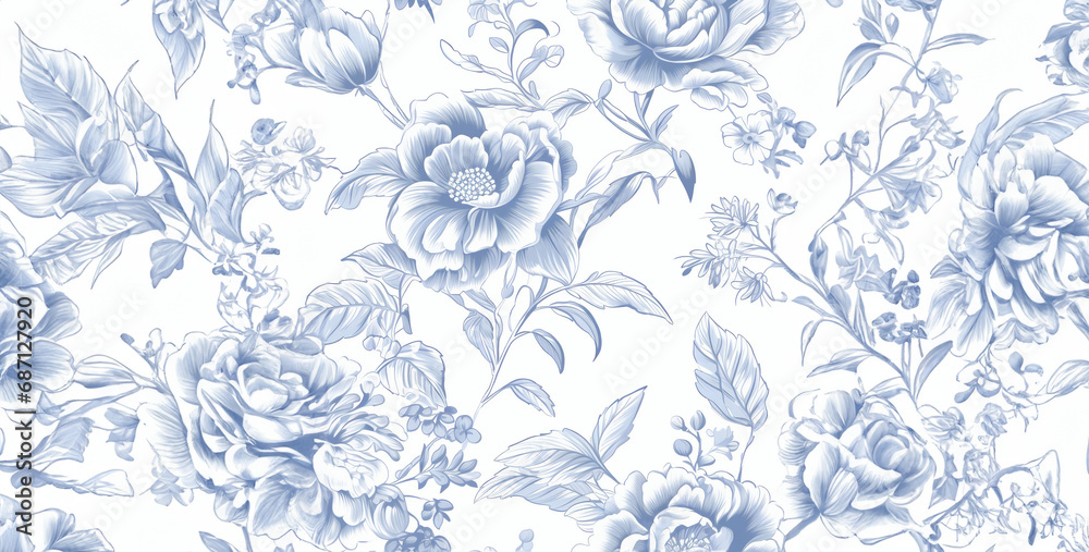 French toile floral line art pattern on a white, abstract floral background - obrazy, fototapety, plakaty 
