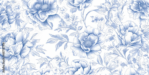 French toile floral line art pattern on a white