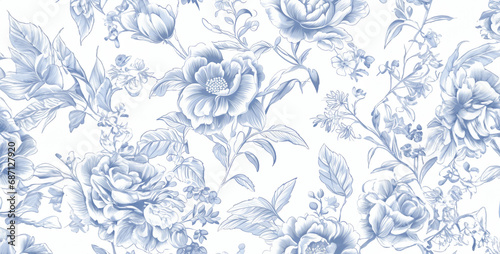 French toile floral line art pattern on a white, abstract floral background