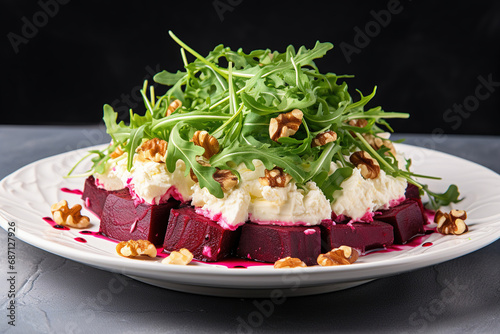 Beetroot salad with cheese, arugula and walnut in a white plate on gray background