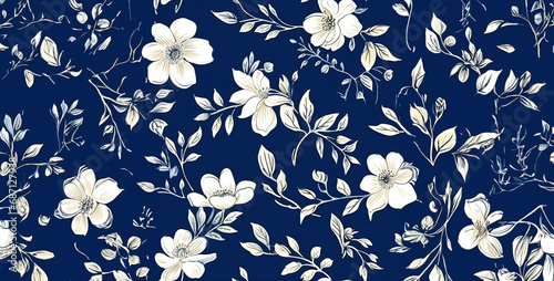 a vintage white watercolour floral pattern on a blue, seamless floral pattern