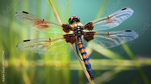 A close-up of a dragonfly perched on a blade of grass, capturing the delicate beauty of nature's winged wonders. © Ibraheem