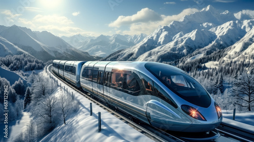 Concept of a Futuristic High-Speed Train Traveling over a Snow-Covered Landscape in the snow-covered Mountains in the Alps Brainstorming Background Cover Poster Digital Art Backdrop
 photo