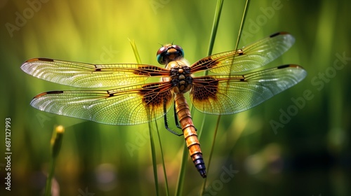 A close-up of a dragonfly perched on a blade of grass, capturing the delicate beauty of nature's winged wonders. © Ibraheem