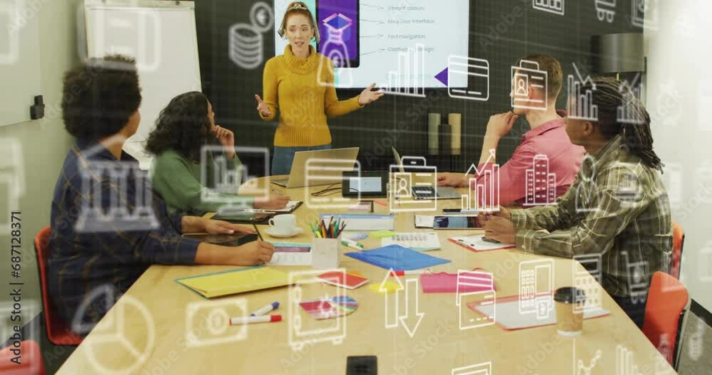 Animation of multiple icons over diverse woman sharing ideas about cellphone design with coworkers