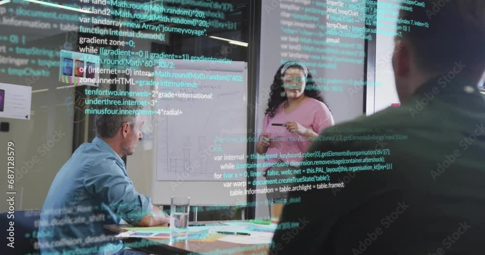 Animation of computer language over diverse female explaining reports to coworkers in office