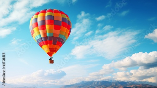 A close-up of a vibrant hot air balloon soaring against a clear blue sky, evoking a sense of freedom and adventure.