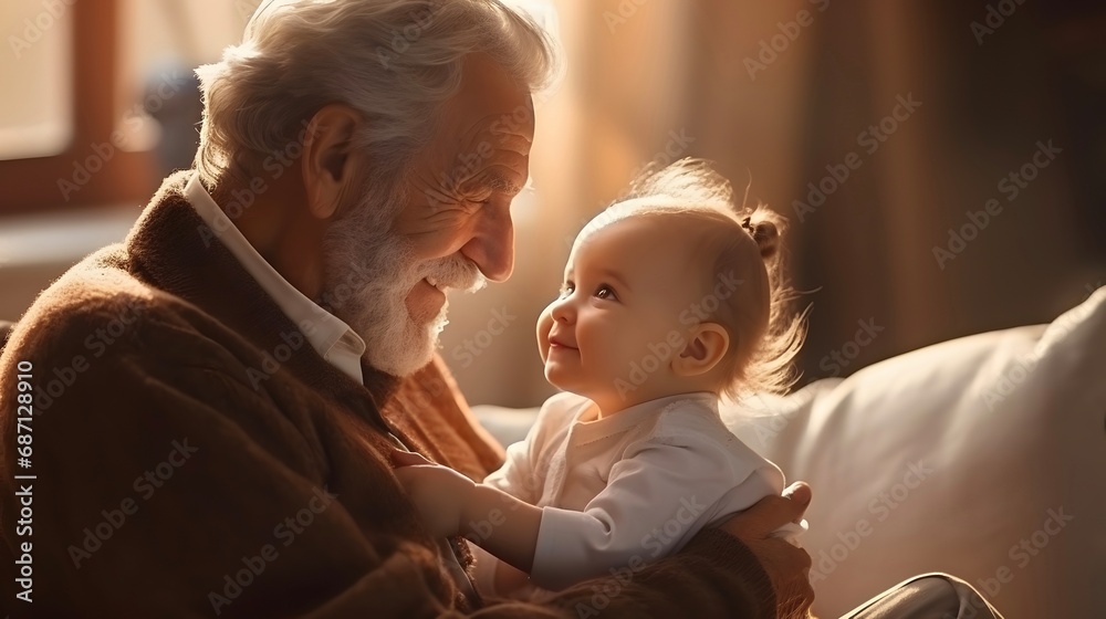 Happy grandfather holding his grandchild. Happy grandfather day, grandparents day. - obrazy, fototapety, plakaty 