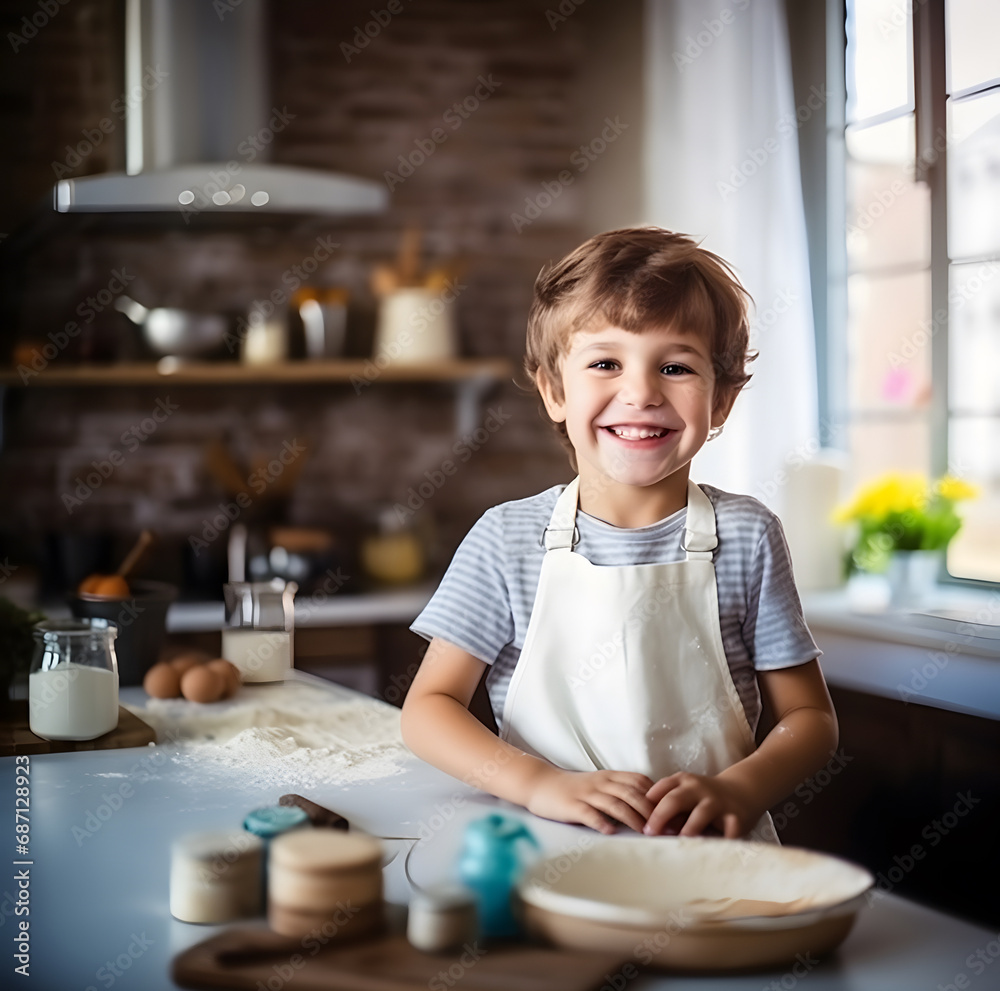 Caucasian kid with smile dressed as a chef in the kitchen.