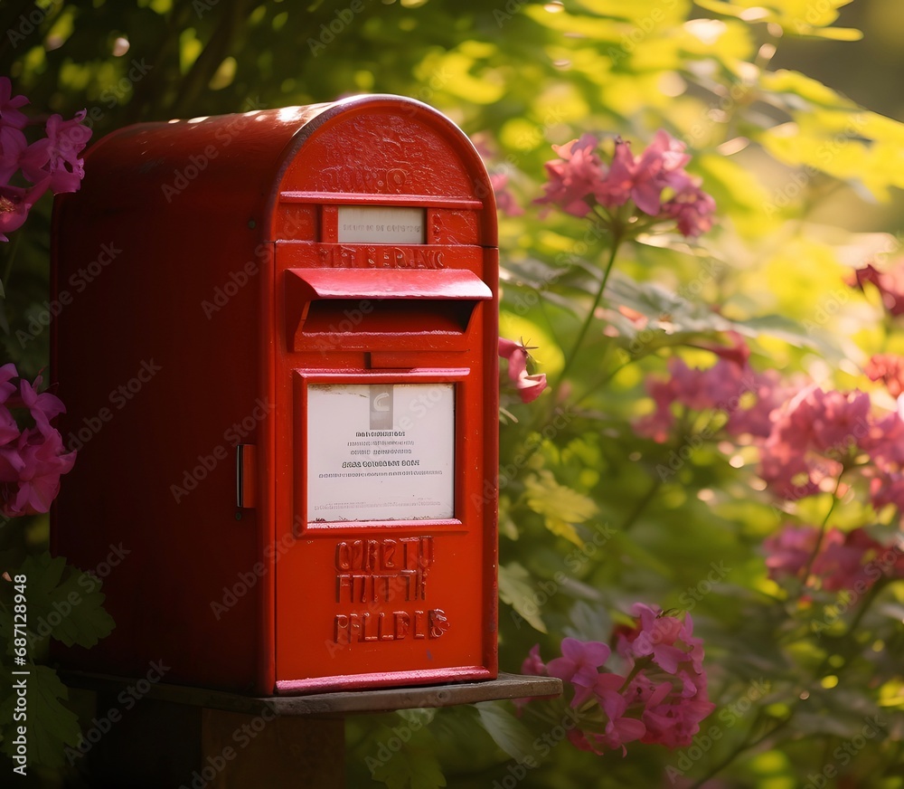 Red colored traditional post box among flowers Red colored traditional post box among flowers